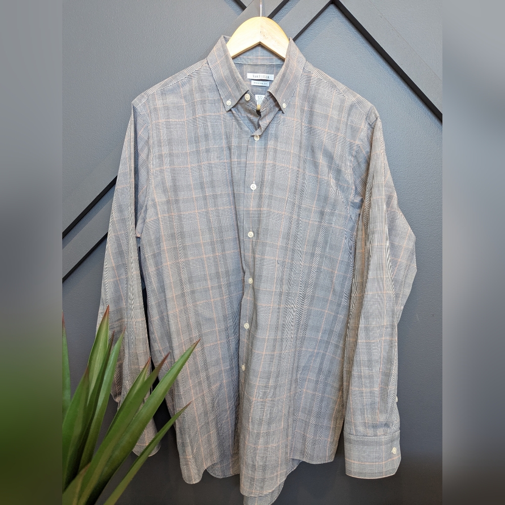 Men's Gray/Black Plaid Shirt, Size 16-16-1/2 And 34/35